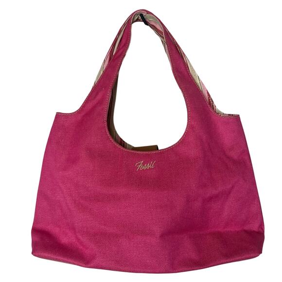 Fossil Pink Fuchsia Denim Handbag Purse Multiple Pockets Striped Lining - Picture 1 of 10